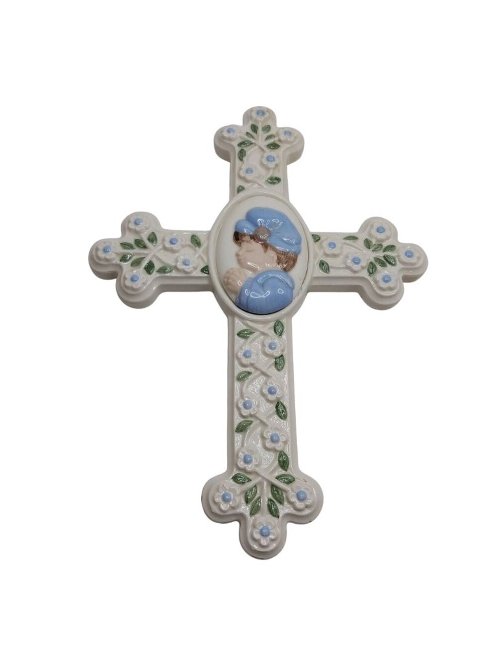 Vintage Ceramic Wall Cross Baby Boy Blue Baptism